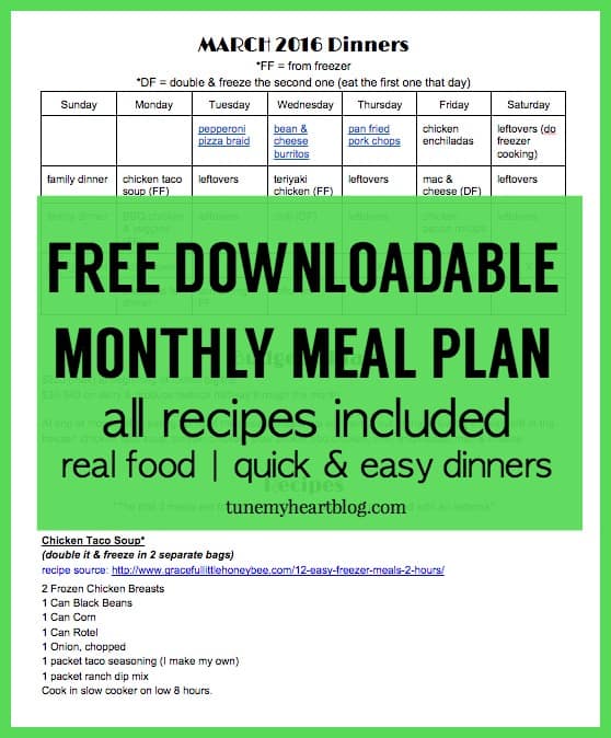 Each month I share my whole-month menu plan with links, recipes, meal planning tips, and a free monthly meal planning calendar. This month there's a bonus download with all the recipes in one spot :) 