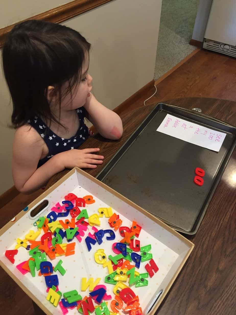 Check out this simple + fun way for kids to practice spelling and reading their sight words with magnetic letters.