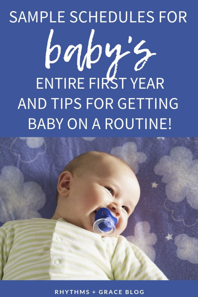 sample baby schedules for each age range during the first year of baby's life. Feeding and sleeping schedules for newborns, 3 months, 6 months, 12 months. These sample routines will help you know how much sleep baby needs #newborn #babysleep #sleeptraining #pregnancy