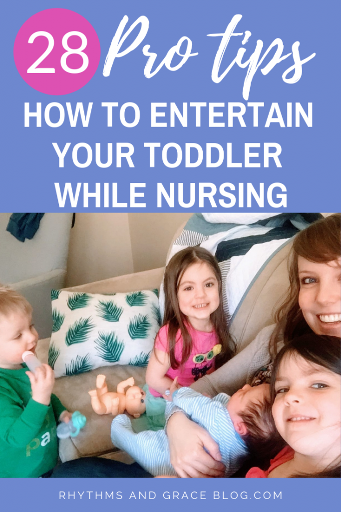 Want to keep your toddler busy while nursing your newborn? 28 awesome tips for juggling a newborn and toddler! Plus, how to get your newborn on a daily routine ASAP.  #momlife #motherhood #newborns #newparents